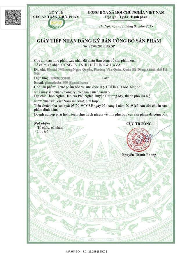 Hạ đường tâm an mua ở đâu? Hạ đường tâm an bán ở đâu? lừa đảo? 20 giấy chứng nhận của bộ ý tế cấp